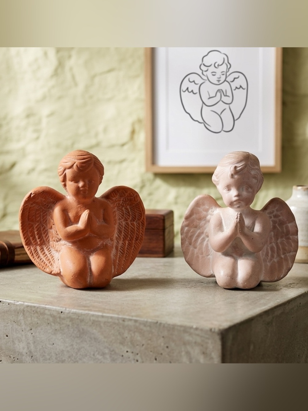 2 Terra Cotta Cherub Angel Boy 3.5” Kneeling Praying Statue Figurine Pottery